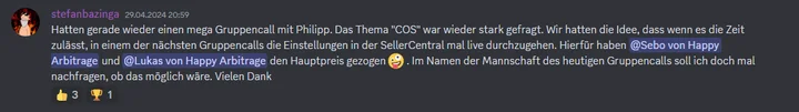 Nachricht eines Mitglieds im Happy-Arbitrage-Discord